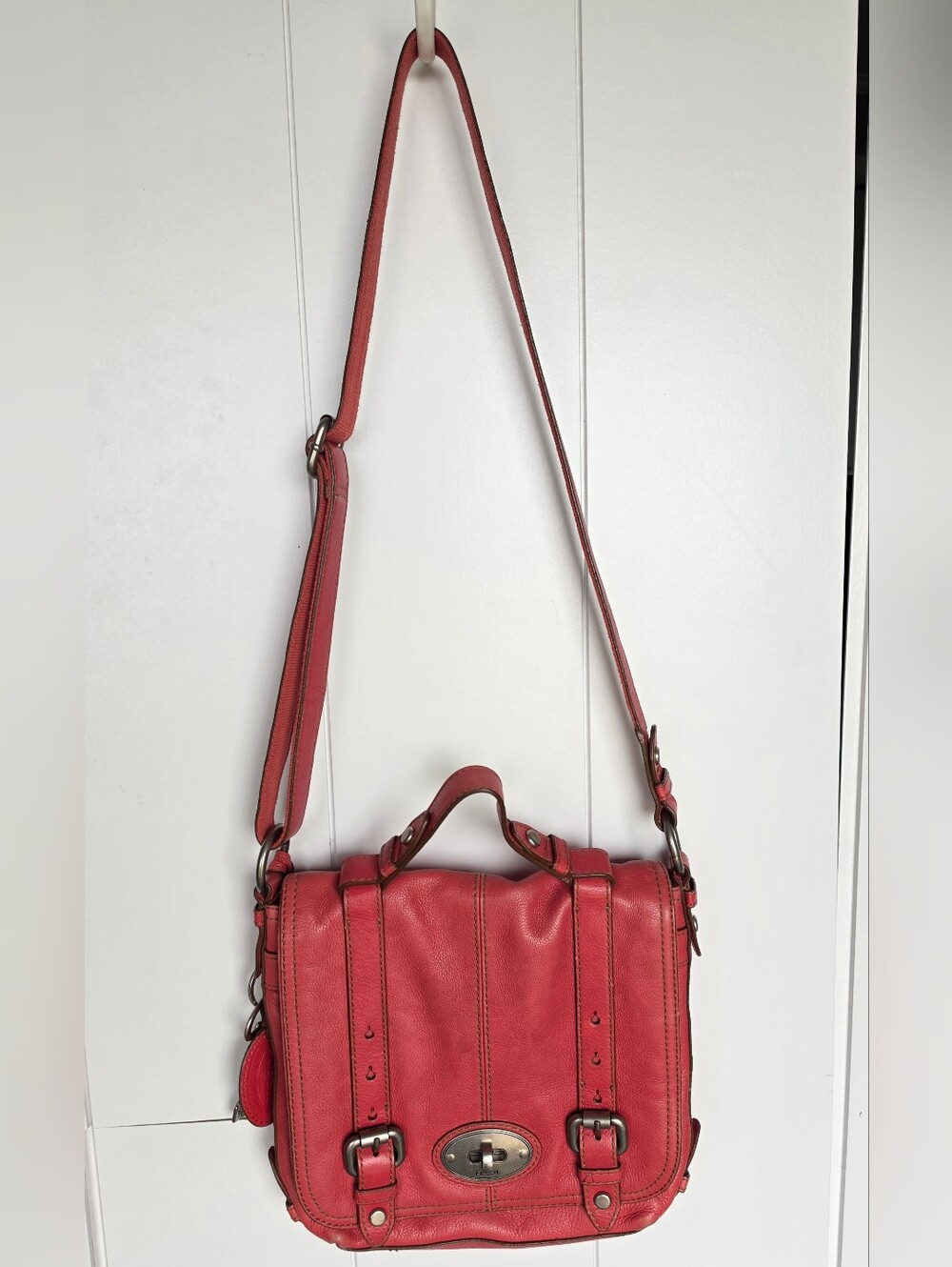 Fossil Structured Crossbody Satchel - Coral Red
